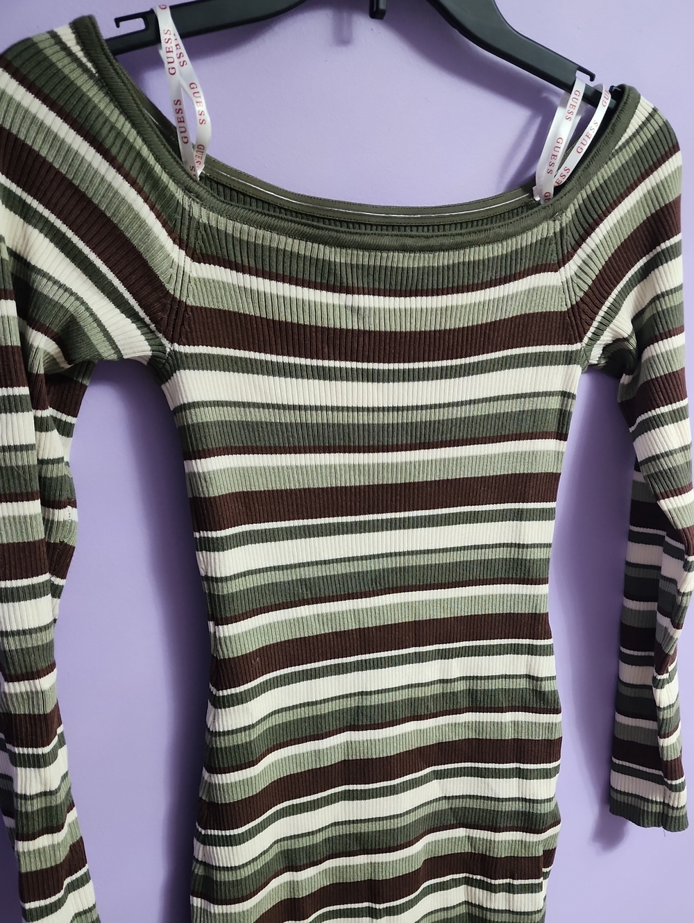 Guess Striped Off-Shoulder Sweater Dress in Olive, Brown & Cream